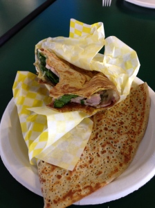 egg, bacon, spinach crepe